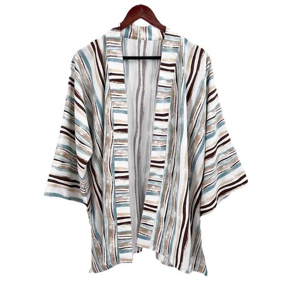 Unbranded Tops - Vintage Custom OOAK Blue Brown Striped Linen Kimono Cardigan Jacket